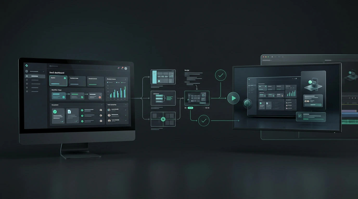 Conceptual workflow showing a software interface becoming a visual story and finished motion-design presentation